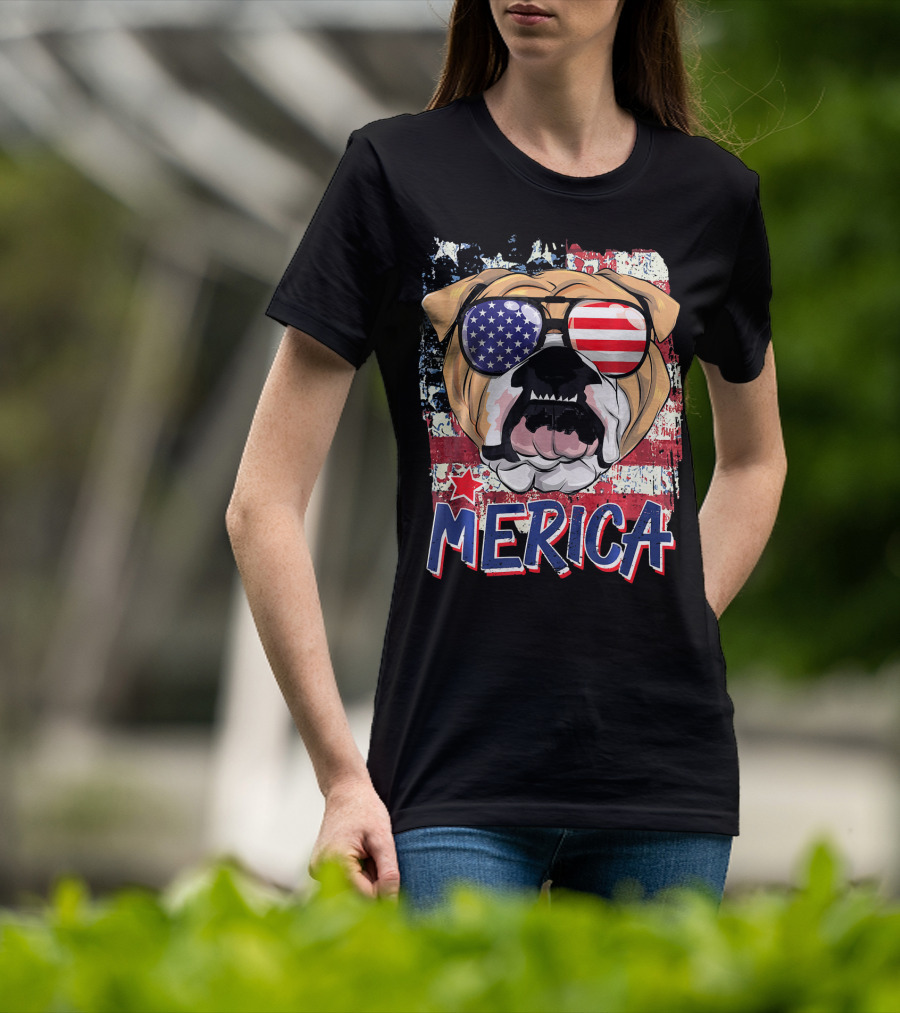 Merica Bulldog With American Flag Sunglasses T-Shirt