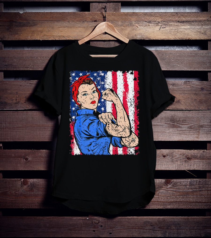 Rosie The Riveter Feminist Patriotic USA American Flag Iconic Empowerment T-Shirt