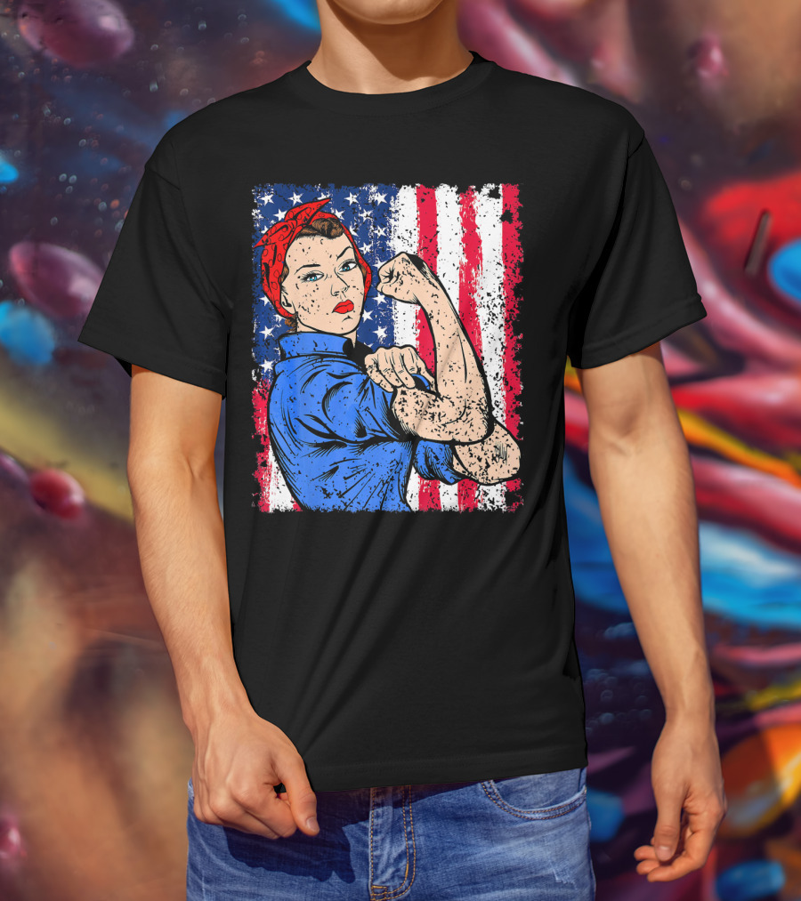Rosie The Riveter Feminist Patriotic USA American Flag Iconic Empowerment T-Shirt