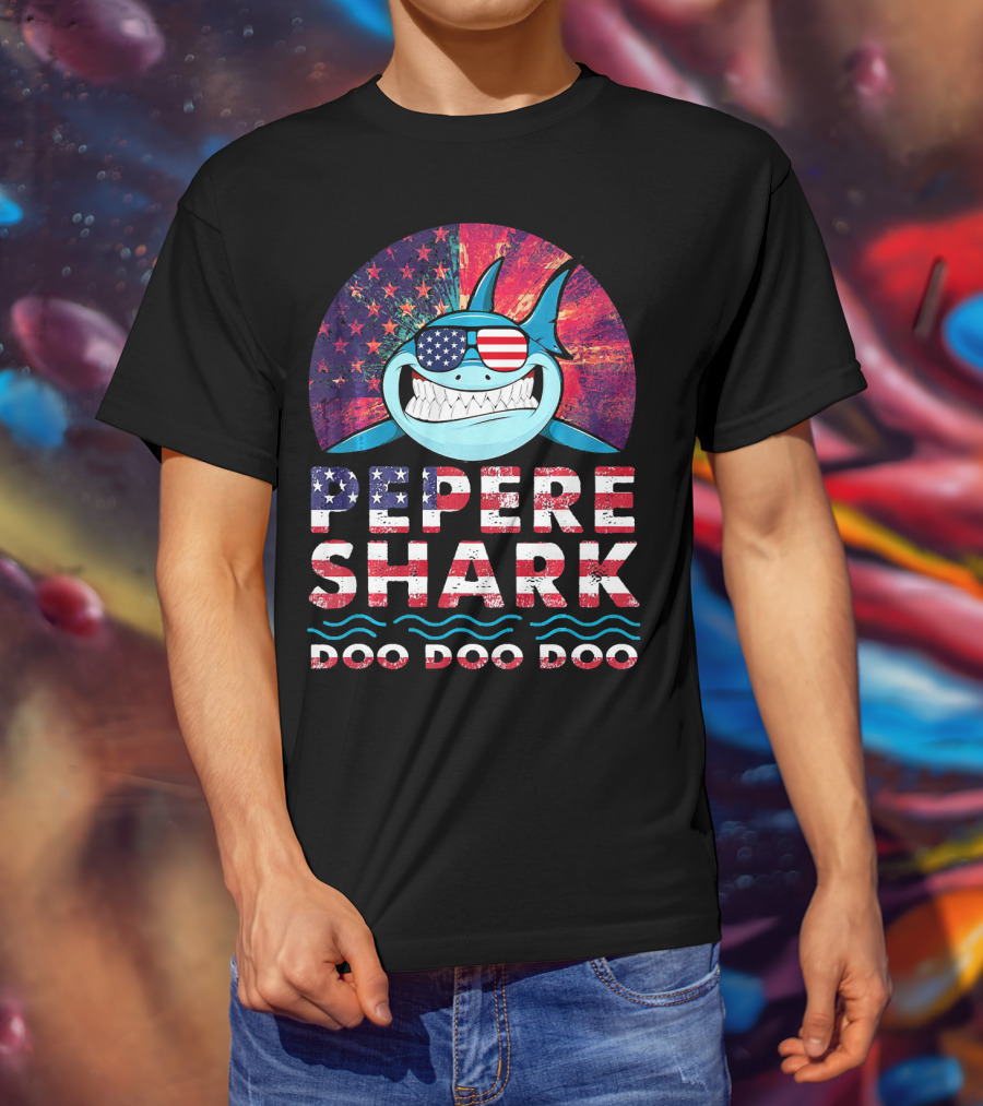 Pepere Shark Doo Doo Doo American Flag Sunglasses T-Shirt