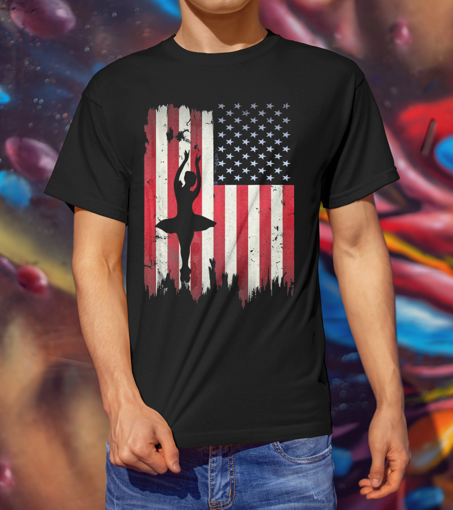 Ballerina Silhouette With American Flag Ballet USA T-Shirt