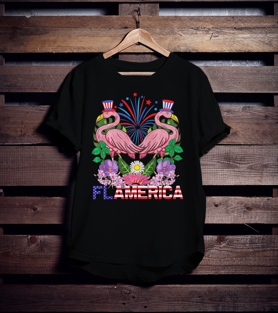 Flamerica Flamingo Fireworks Uncle Sam Hat Botanical T-Shirt