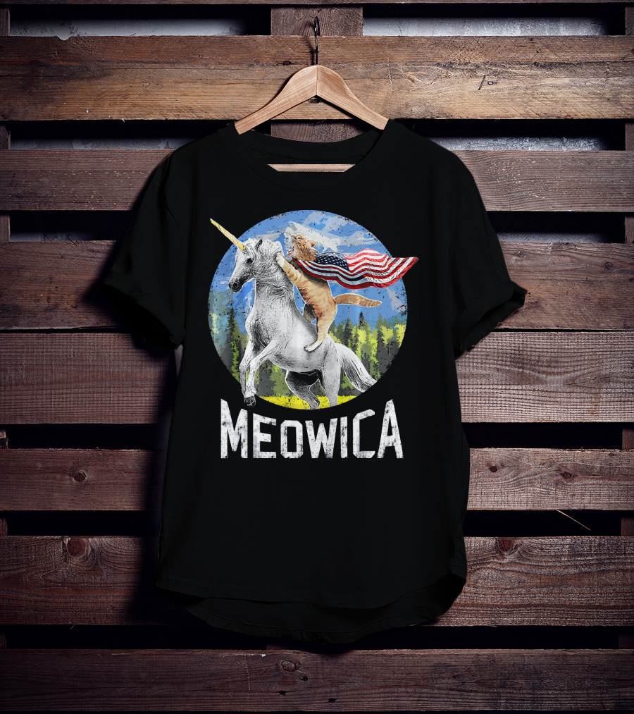 Meowica Cat Riding Unicorn With American Flag T-Shirt