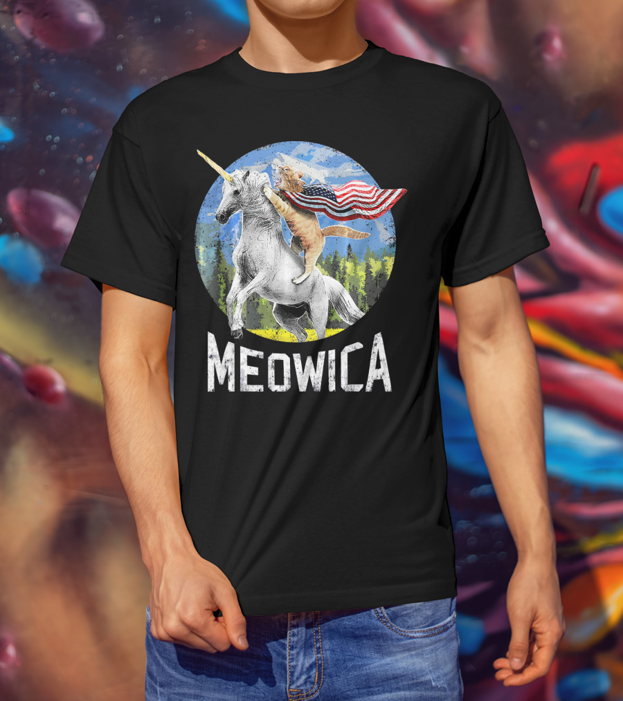Meowica Cat Riding Unicorn With American Flag T-Shirt