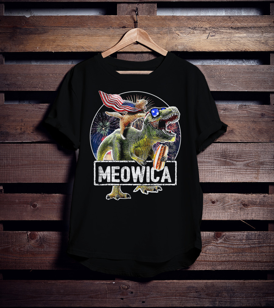 Meowica Cat With American Flag Riding T-Rex Holding Hot Dog T-Shirt