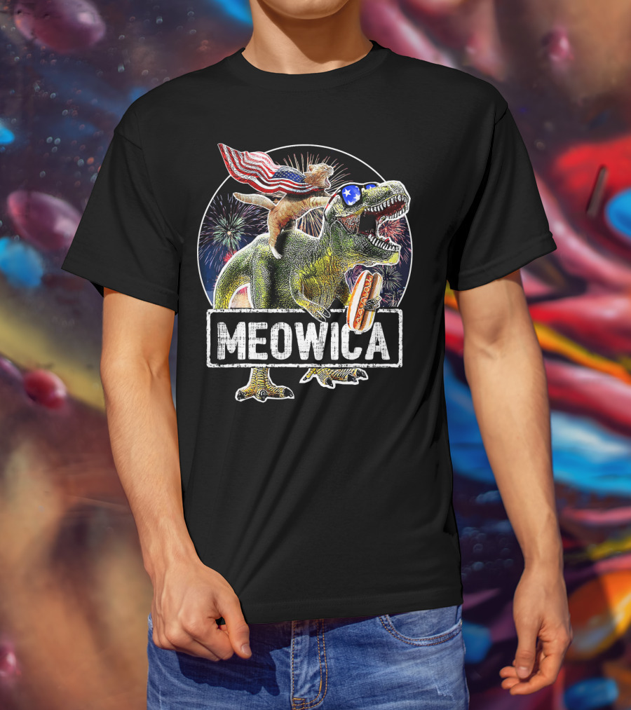 Meowica Cat With American Flag Riding T-Rex Holding Hot Dog T-Shirt