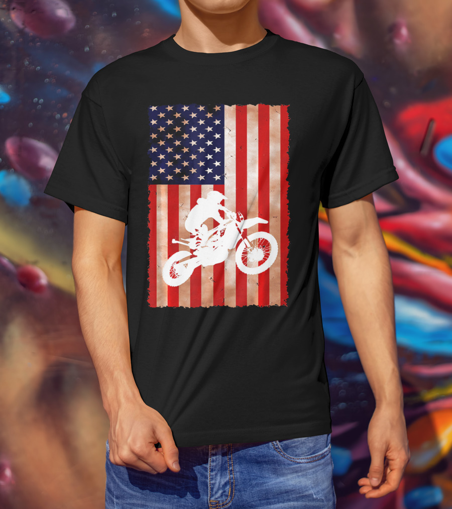 Dirt Bike Motocross American Flag Patriotic Ride USA T-Shirt