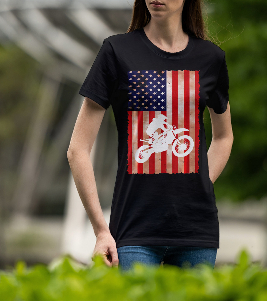 Dirt Bike Motocross American Flag Patriotic Ride USA T-Shirt