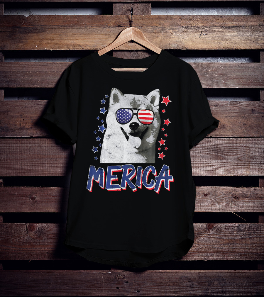 Merica Shiba Inu Dog Patriotic USA Stars And Stripes Sunglasses T-Shirt
