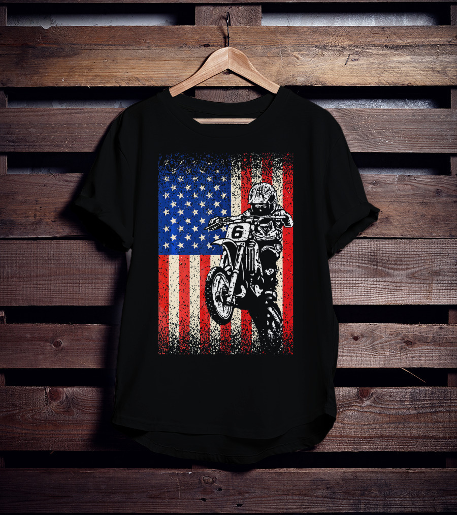 Dirt Bike American Flag Motocross Biker Number 6 T-Shirt