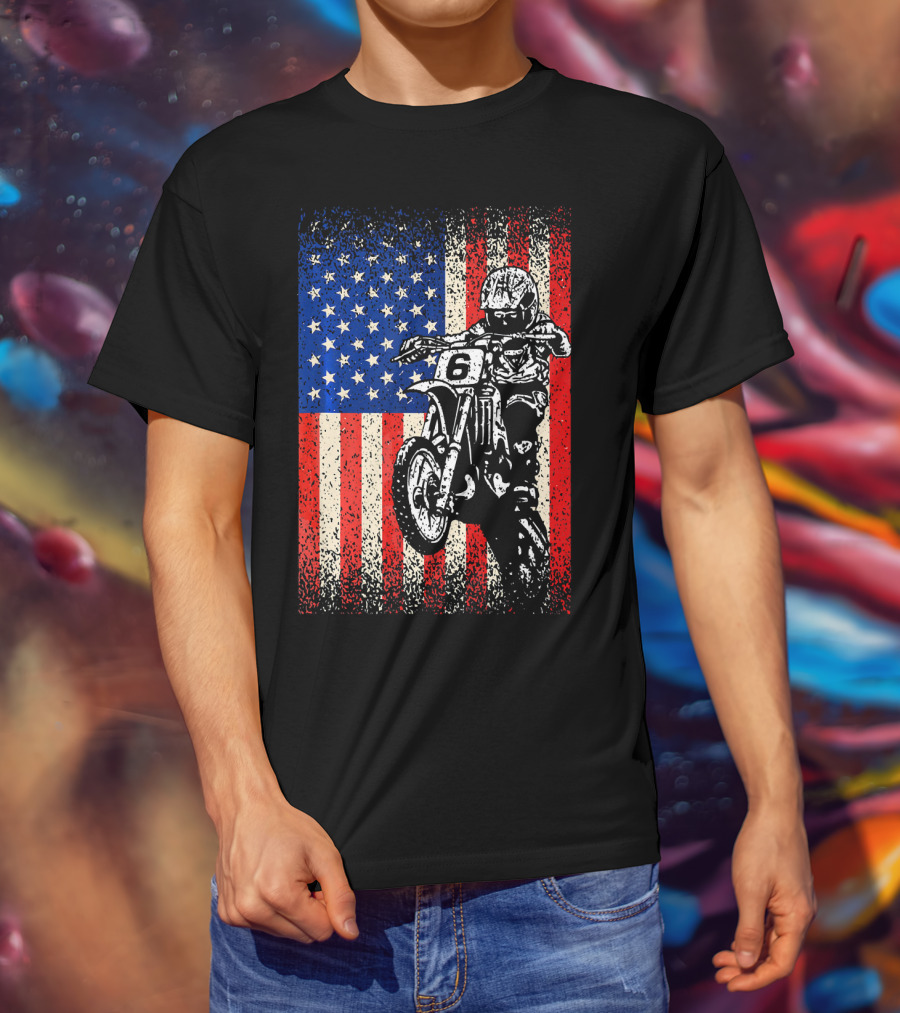 Dirt Bike American Flag Motocross Biker Number 6 T-Shirt