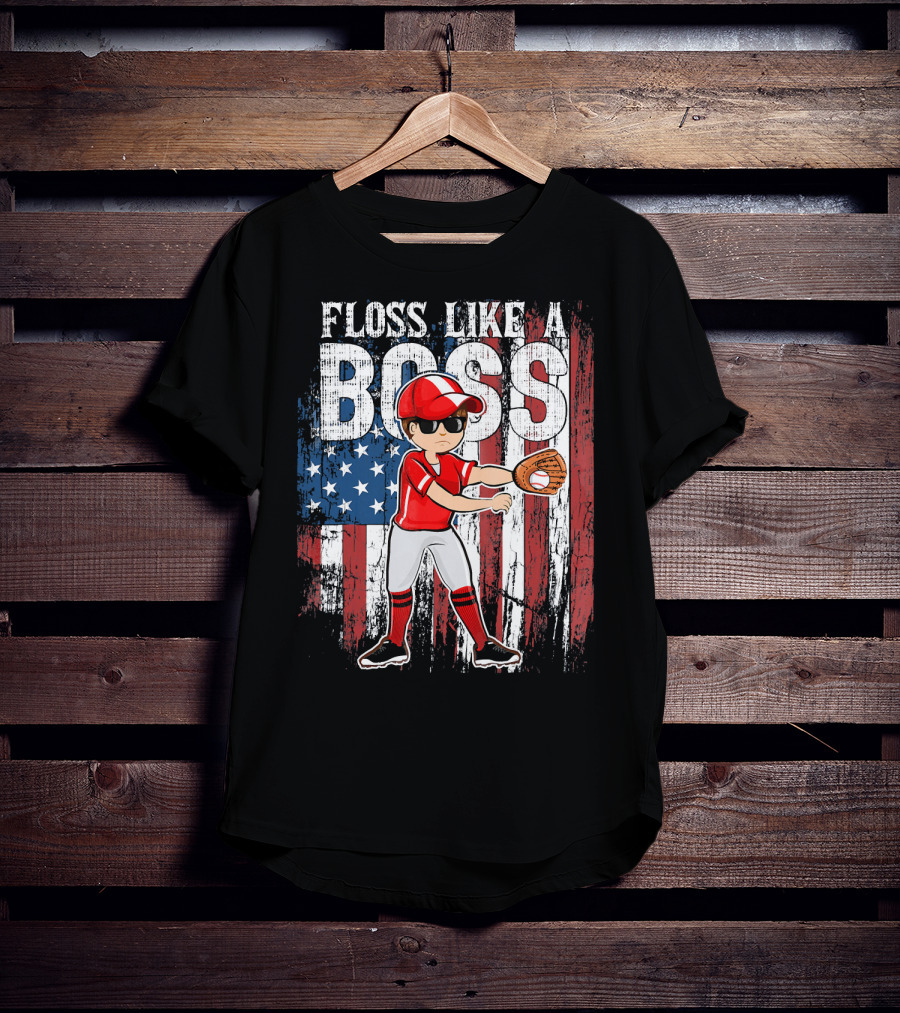 Floss Like A Boss American Baseball Spirit With Flag Background T-Shirt