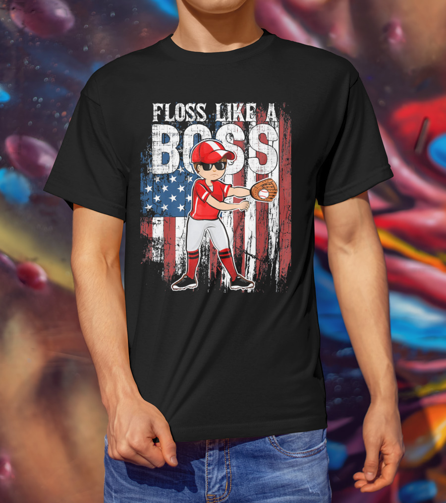 Floss Like A Boss American Baseball Spirit With Flag Background T-Shirt