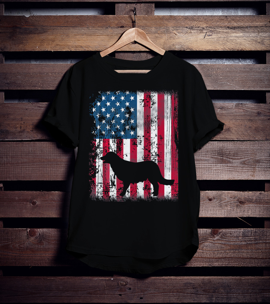 Golden Retriever Silhouette Over American Flag USA T-Shirt
