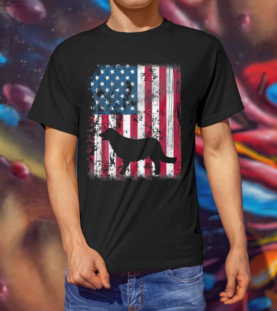 Golden Retriever Silhouette Over American Flag USA T-Shirt