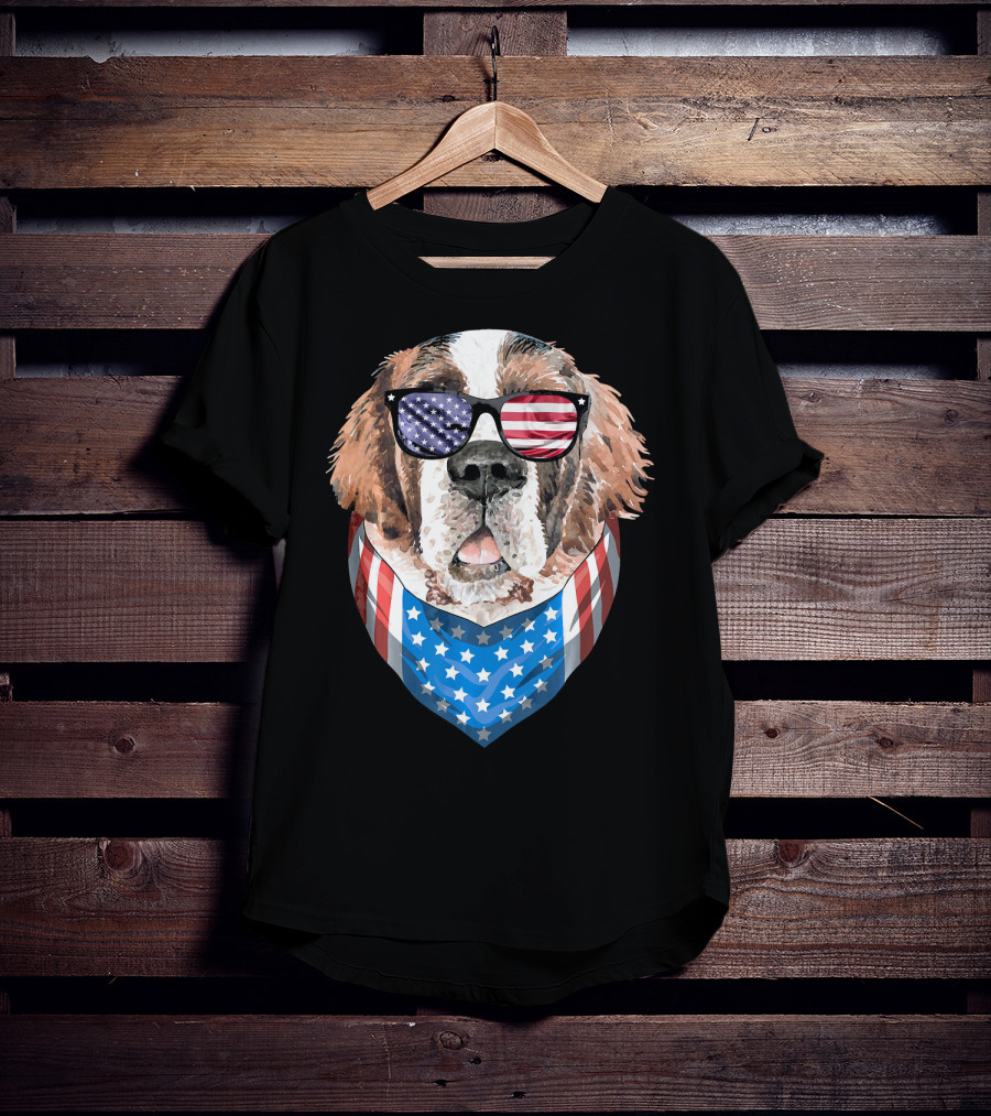 Fourth Of July American Flag Dog Sunglasses Bandana T-Shirt