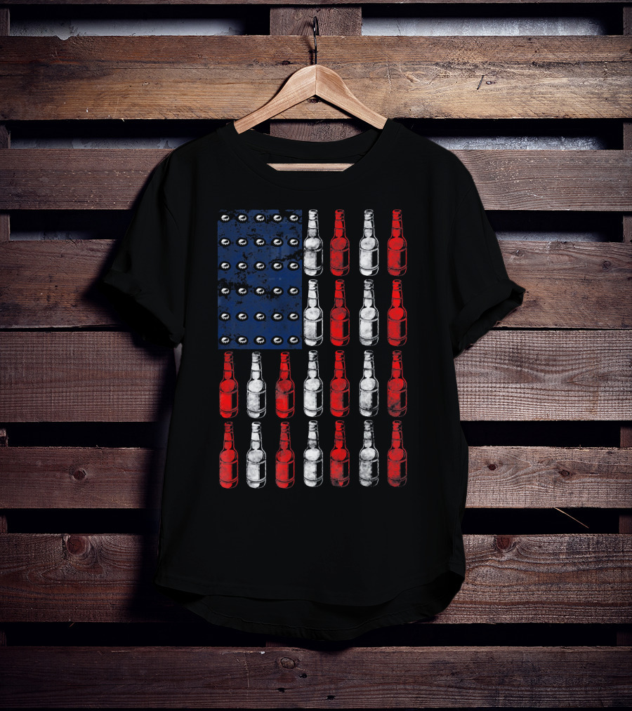 Patriotic American Flag Made Of Beer Bottles In Red White Blue T-Shirt