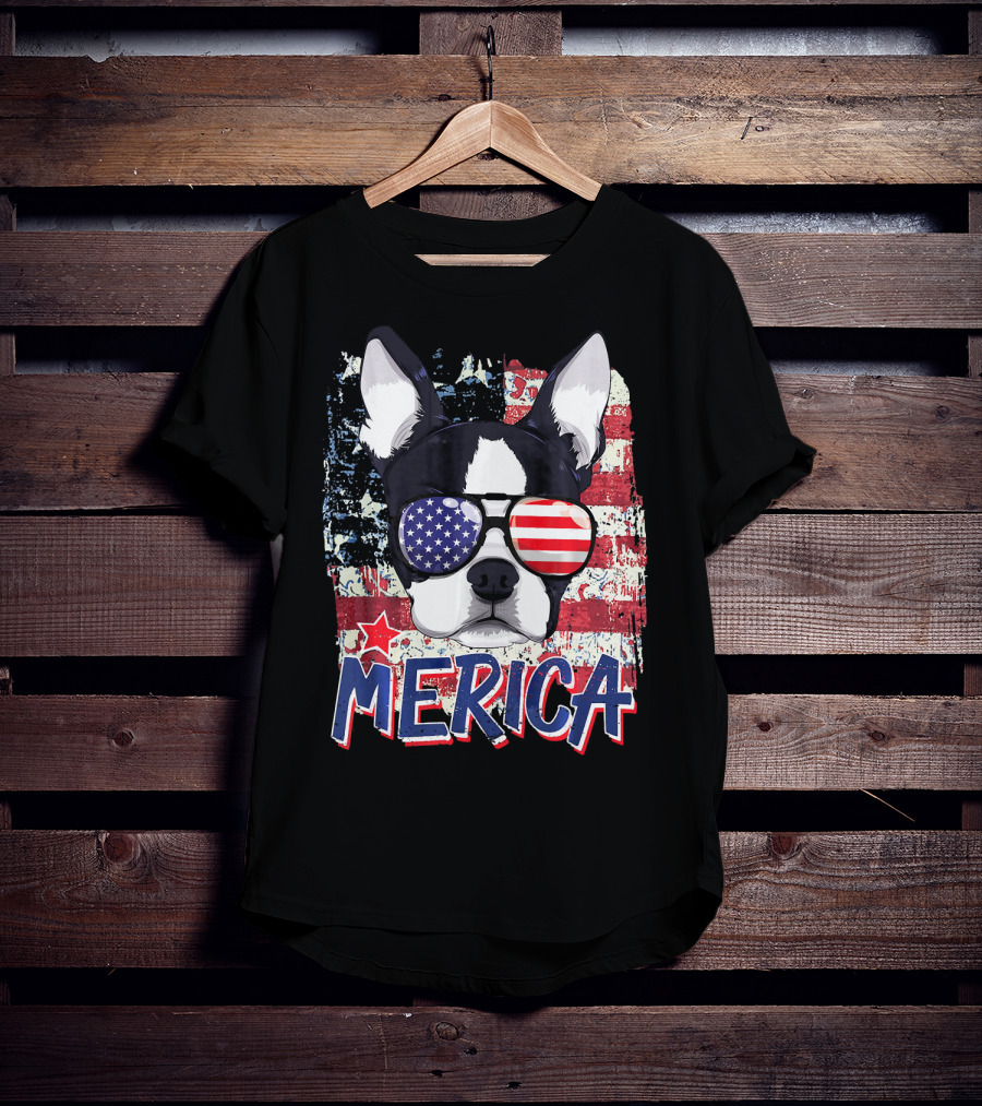 Merica Boston Terrier American Flag Sunglasses T-Shirt