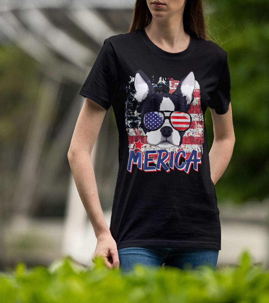 Merica Boston Terrier American Flag Sunglasses T-Shirt