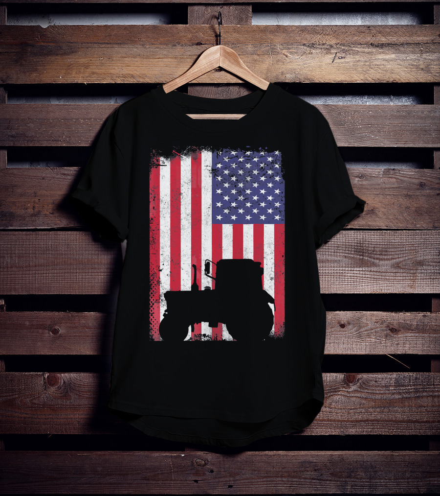 Tractor Silhouette Against Distressed American Flag Patriotic T-Shirt