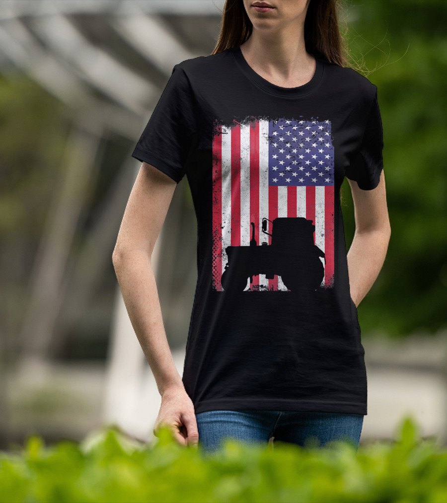 Tractor Silhouette Against Distressed American Flag Patriotic T-Shirt