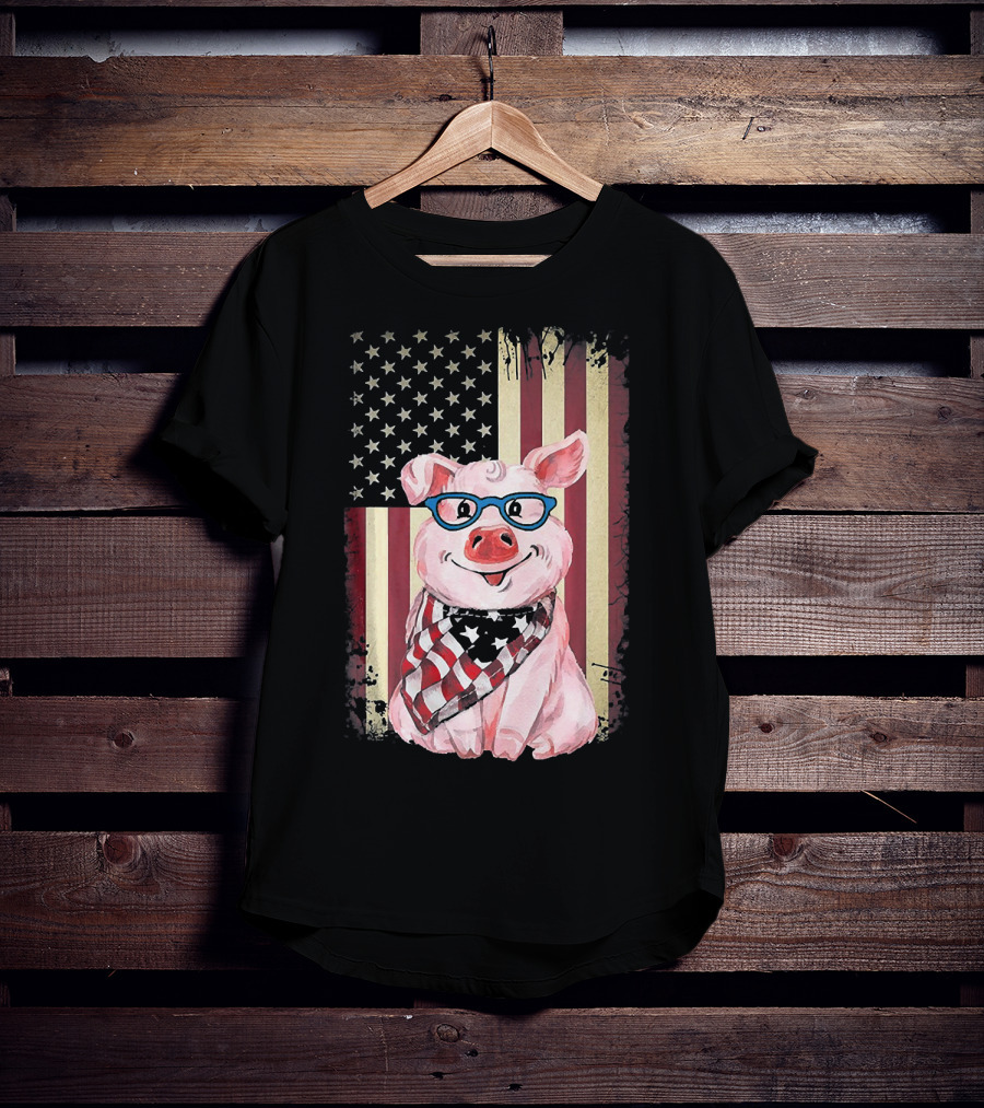 American Flag Pig With Glasses And Bandana T-Shirt