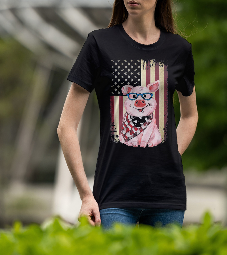 American Flag Pig With Glasses And Bandana T-Shirt