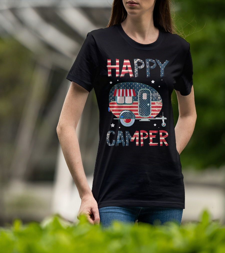 Happy Camper Stars And Stripes American Flag Patriotic T-Shirt
