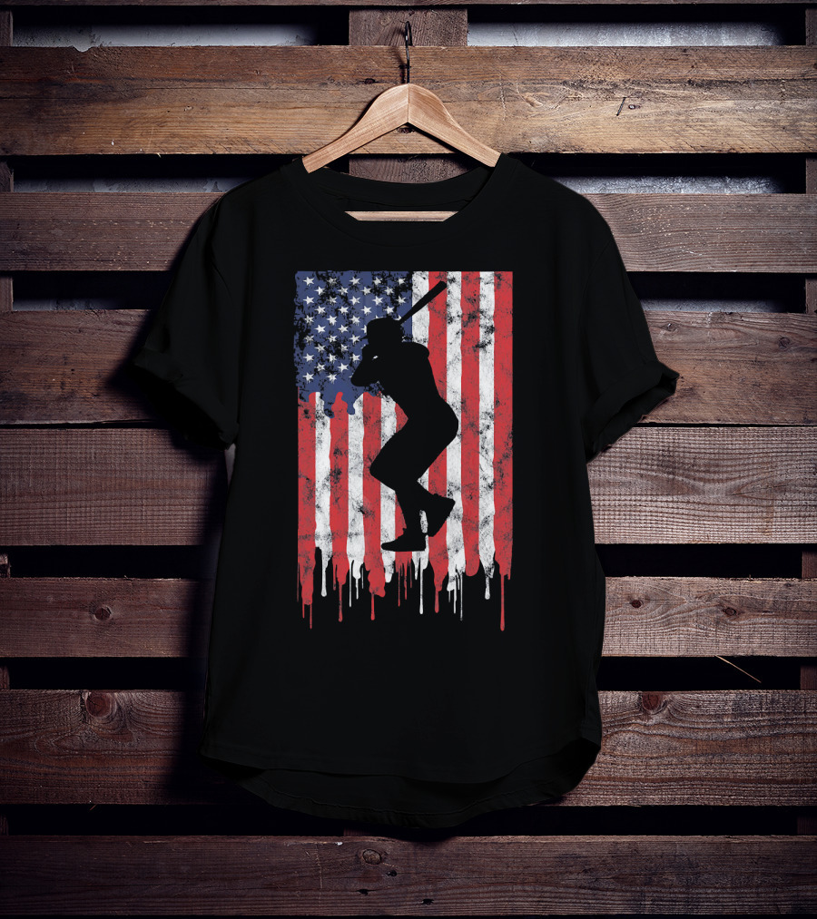 Vintage Baseball Batter Silhouette On Dripping American Flag Background T-Shirt