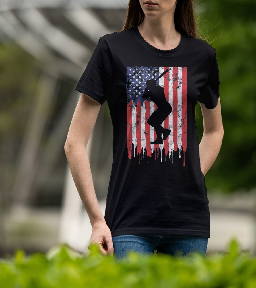 Vintage Baseball Batter Silhouette On Dripping American Flag Background T-Shirt