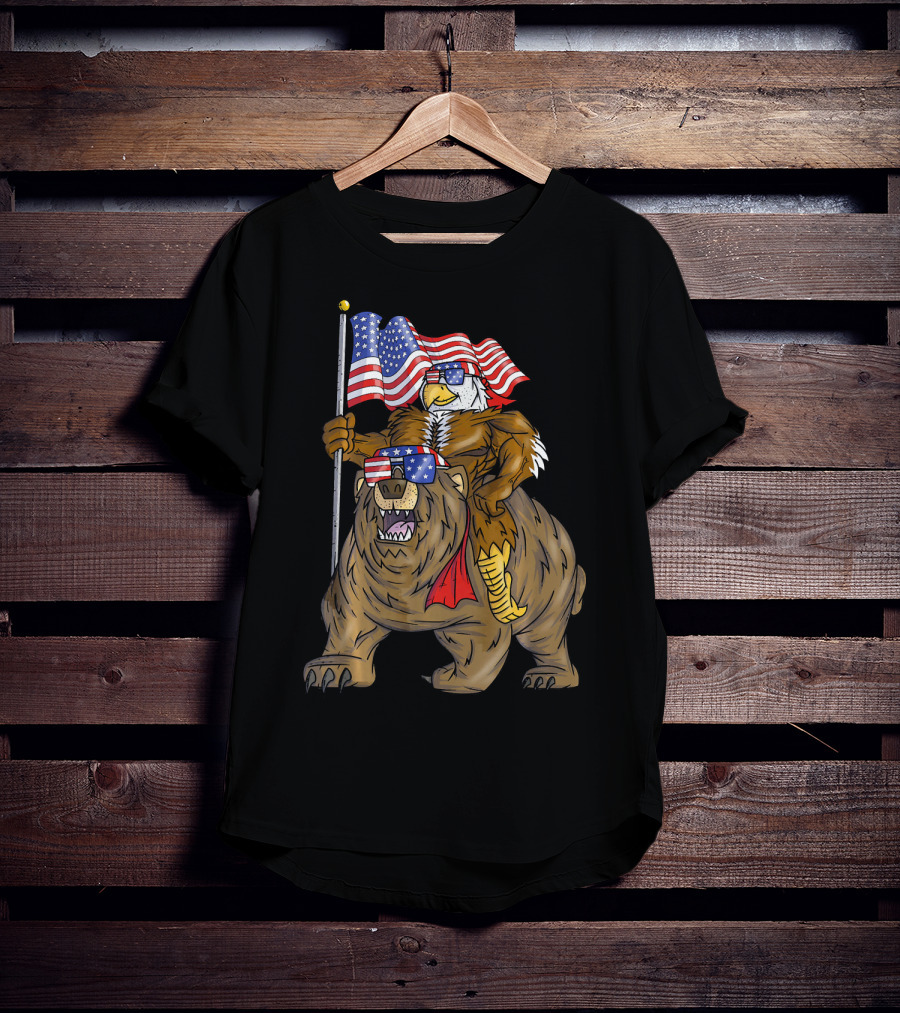 American Flag-Waving Bald Eagle Riding Bear With Sunglasses T-Shirt