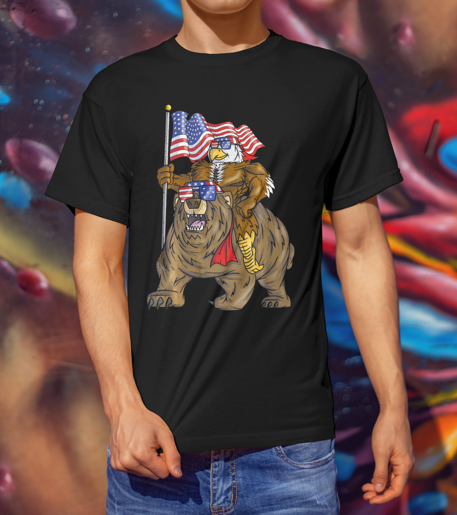 American Flag-Waving Bald Eagle Riding Bear With Sunglasses T-Shirt