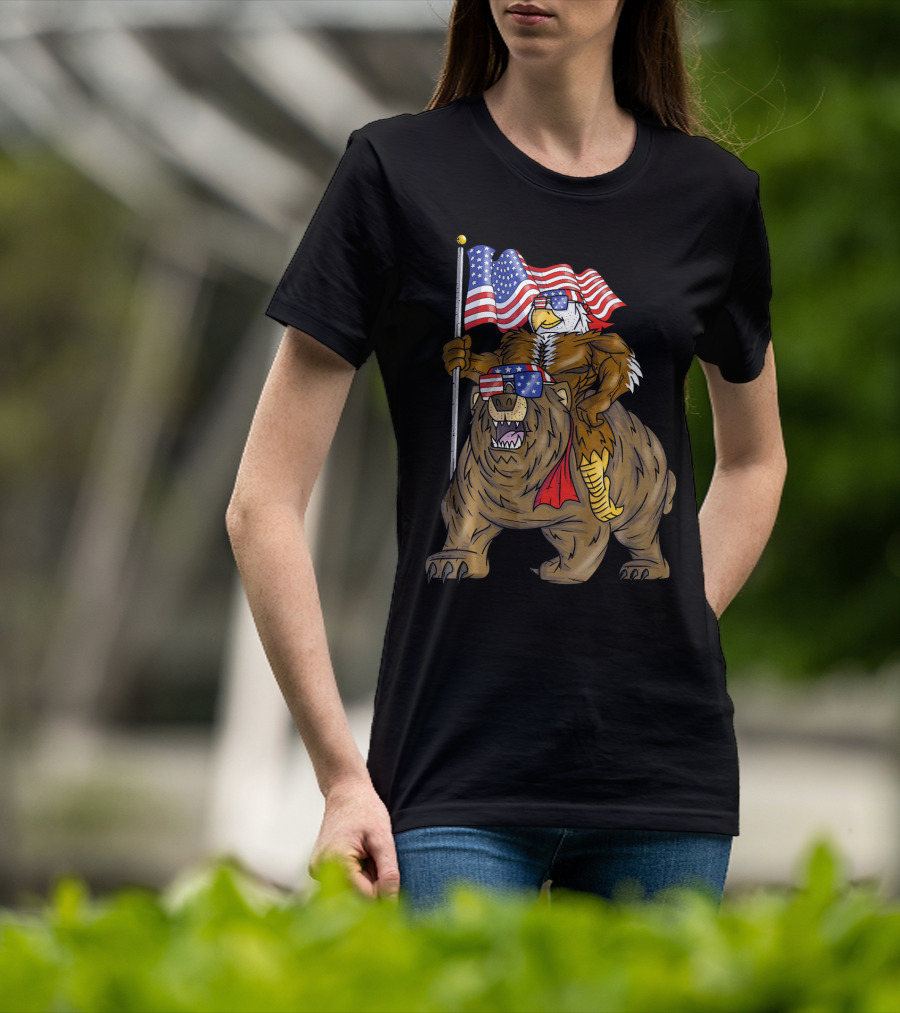 American Flag-Waving Bald Eagle Riding Bear With Sunglasses T-Shirt