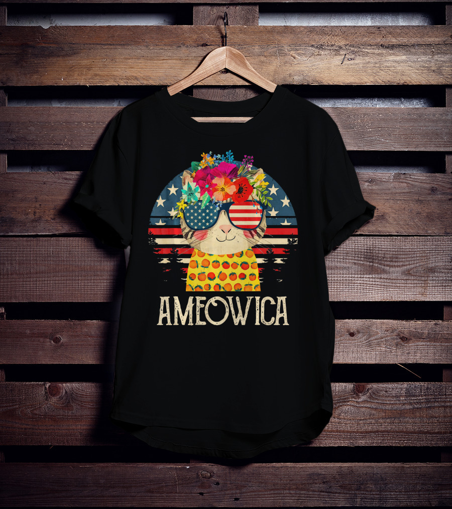Ameowica Cute Cat With American Flag Glasses And Floral Crown T-Shirt