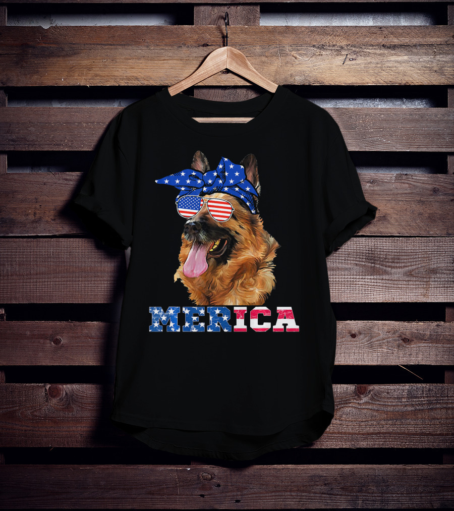 Merica German Shepherd Bandana Sunglasses American Flag T-Shirt