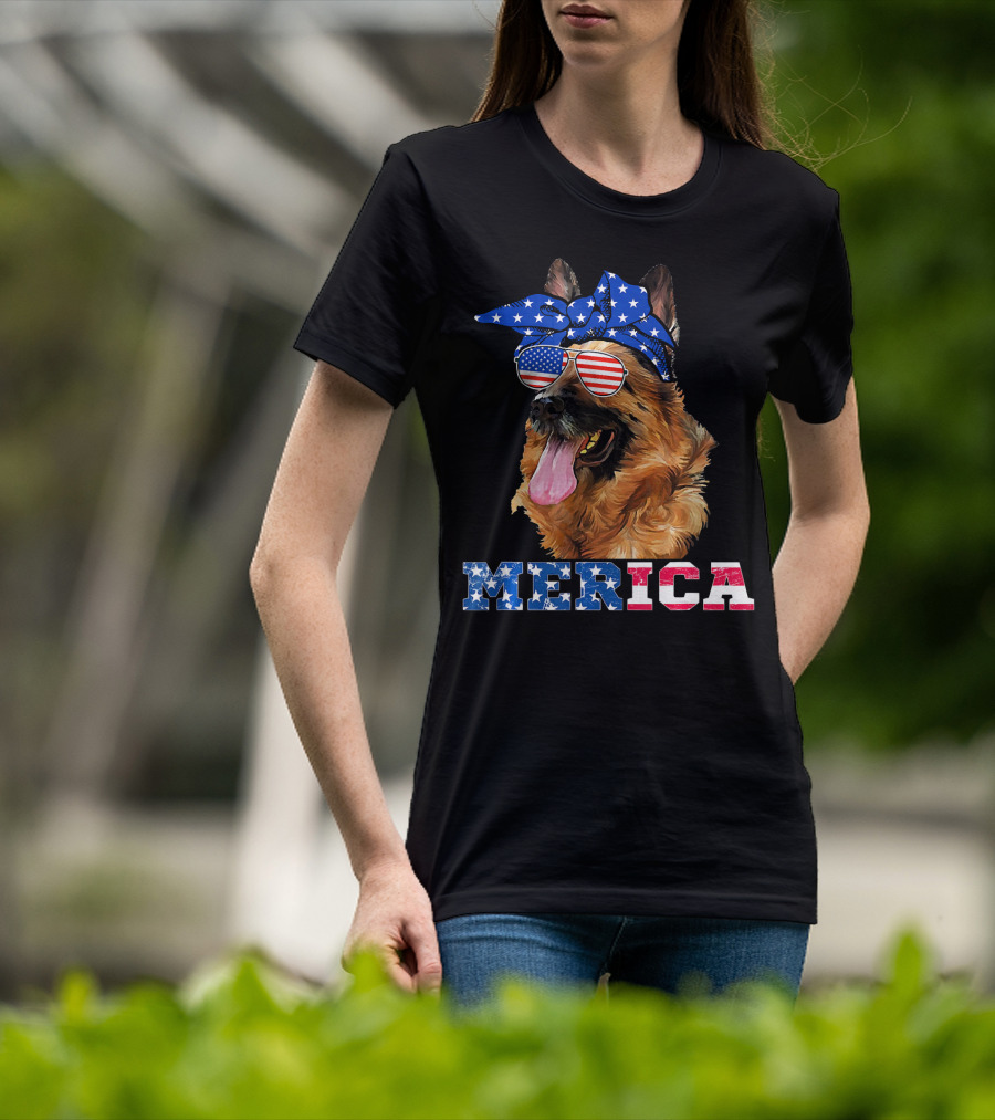 Merica German Shepherd Bandana Sunglasses American Flag T-Shirt