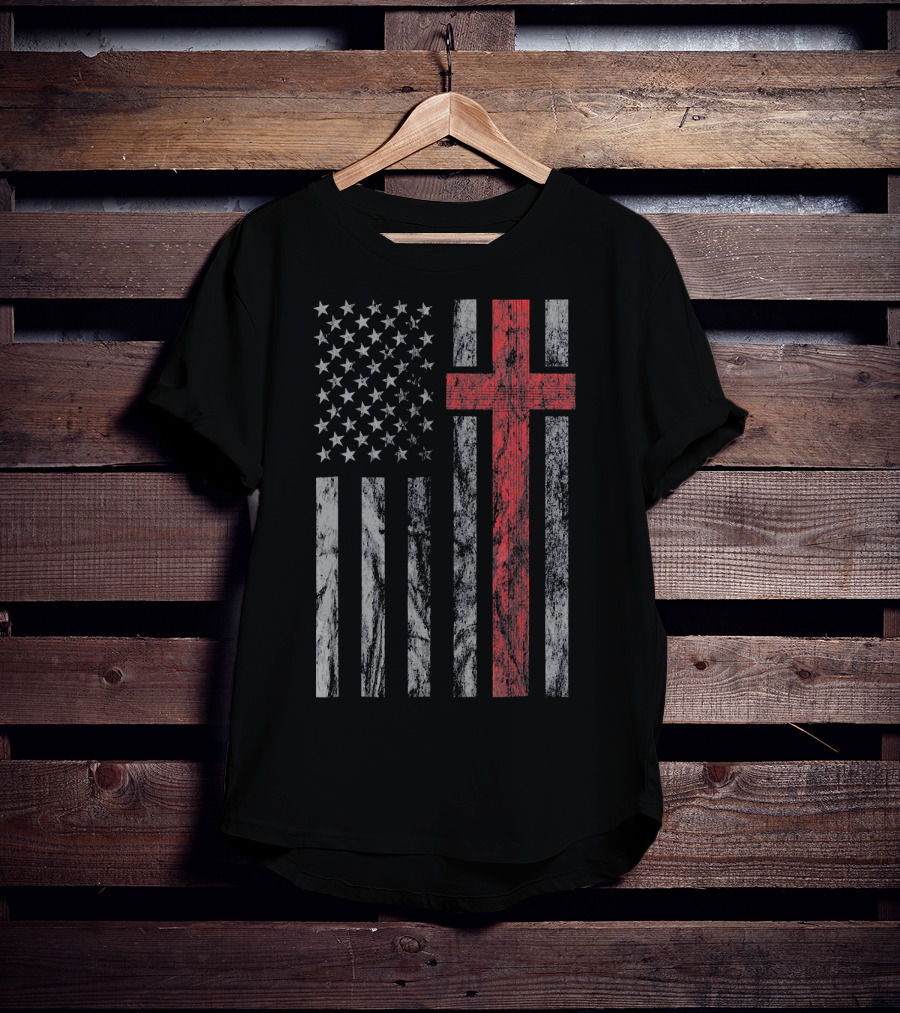 Vintage Distressed USA Flag With Red Christian Cross T-Shirt
