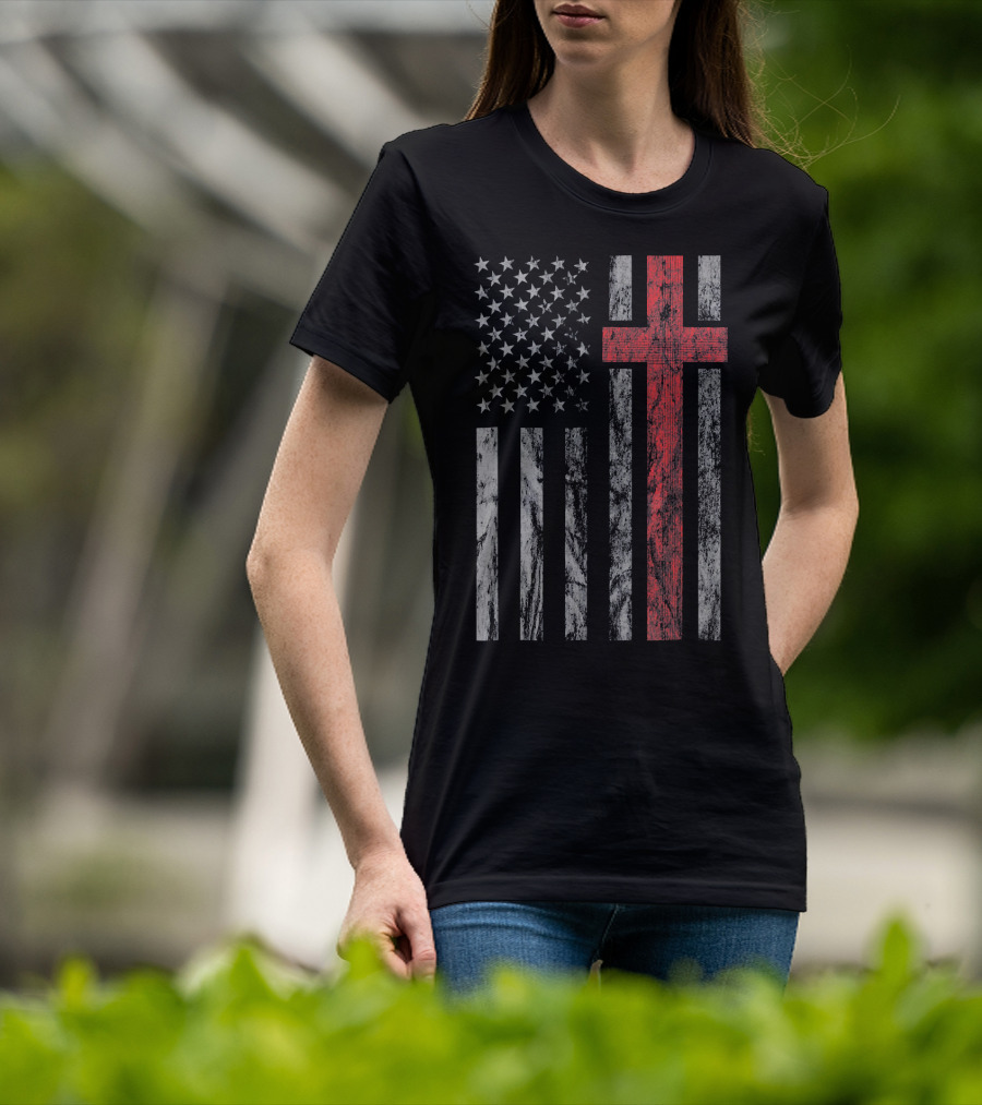 Vintage Distressed USA Flag With Red Christian Cross T-Shirt