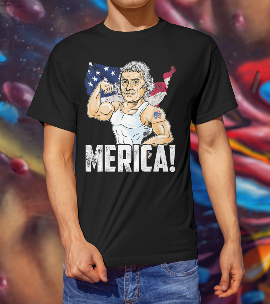Thomas Jefferson Flexing Muscles Merica USA Flag T-Shirt