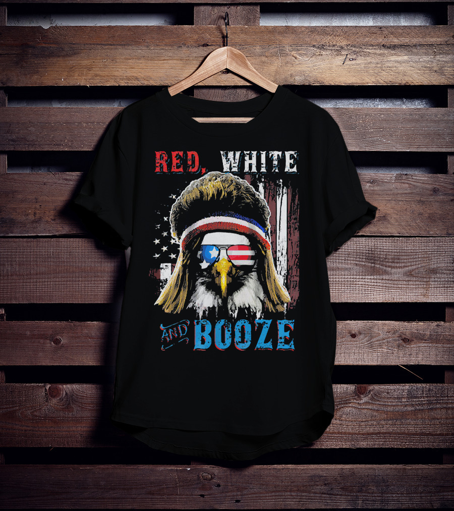Red White And Booze America Flag Eagle With Sunglasses And Headband T-Shirt
