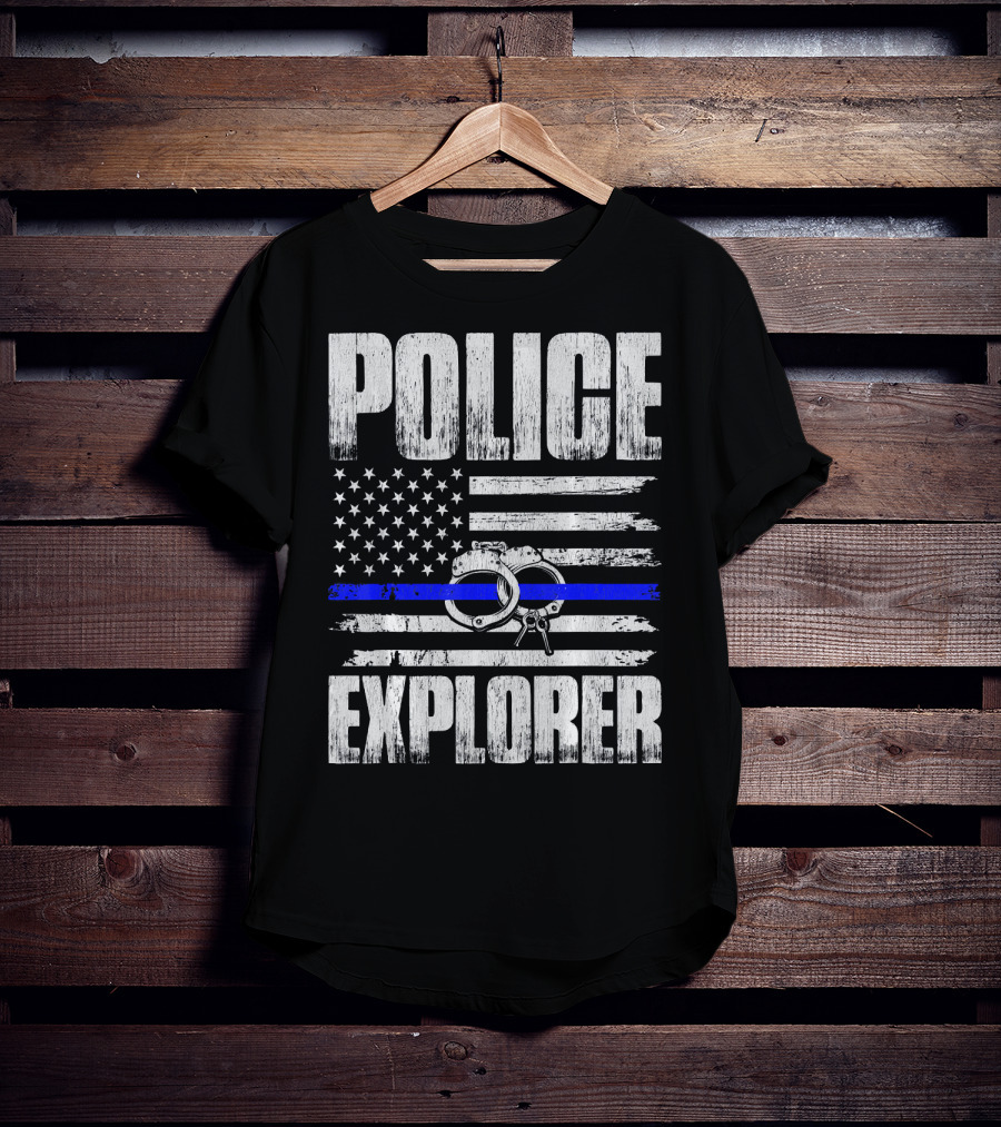Police Explorer American Flag Handcuffs Thin Blue Line T-Shirt
