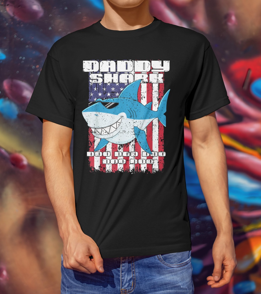 Daddy Shark Doo Doo Doo American Flag T-Shirt