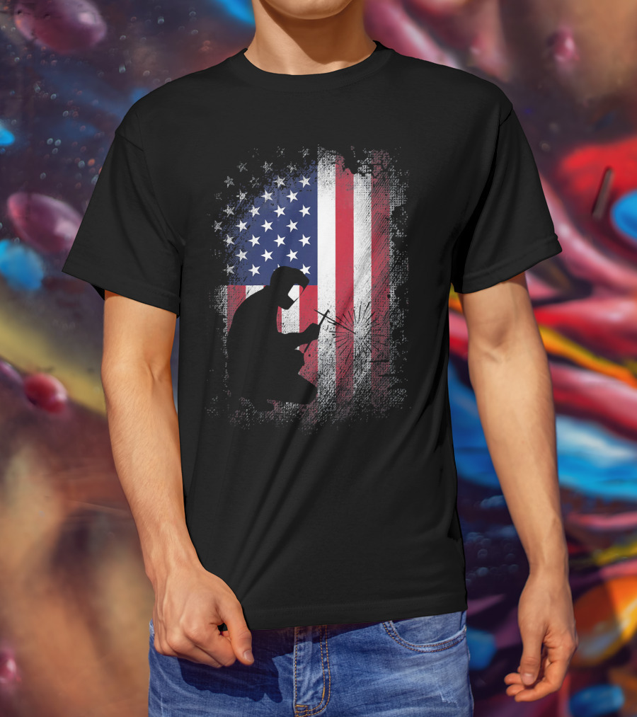 Welder Silhouette With American Flag USA Patriotic T-Shirt