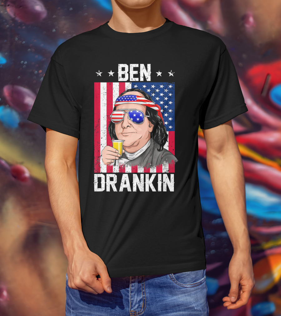 Ben Drankin American Flag Shades And Stars With Beer T-Shirt