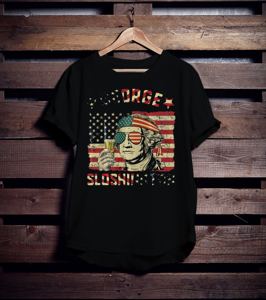 George Sloshington American Flag Aviator With Beer And Headband T-Shirt