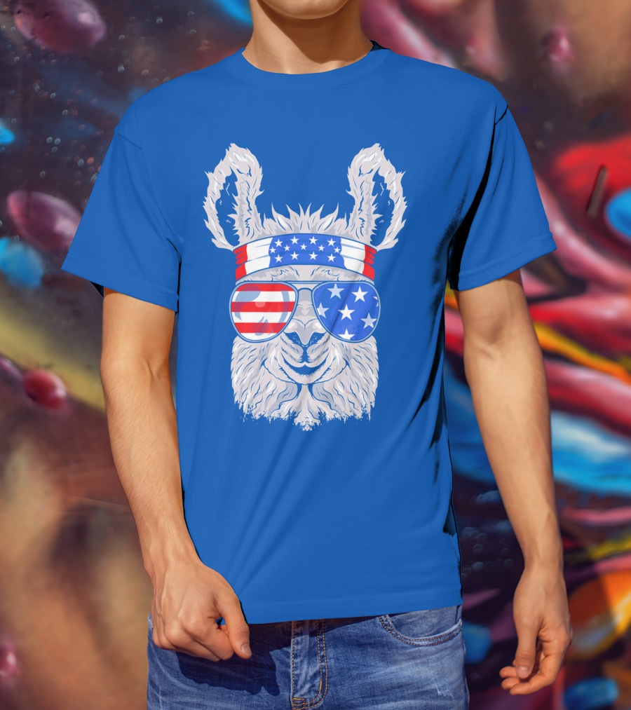 Patriotic Llama With American Flag Sunglasses And Headband For USA Independence Day T-Shirt