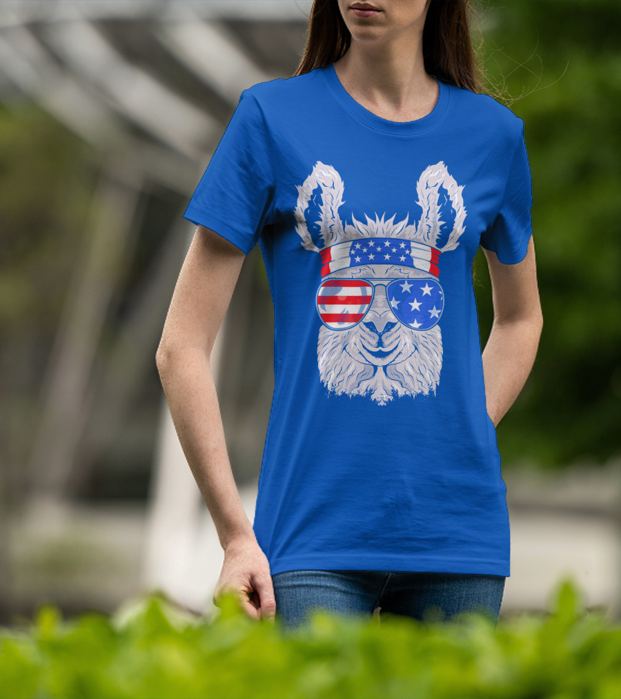 Patriotic Llama With American Flag Sunglasses And Headband For USA Independence Day T-Shirt
