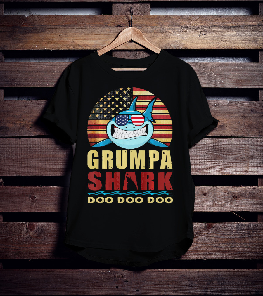 Grumpa Shark Doo Doo Doo American Flag T-Shirt