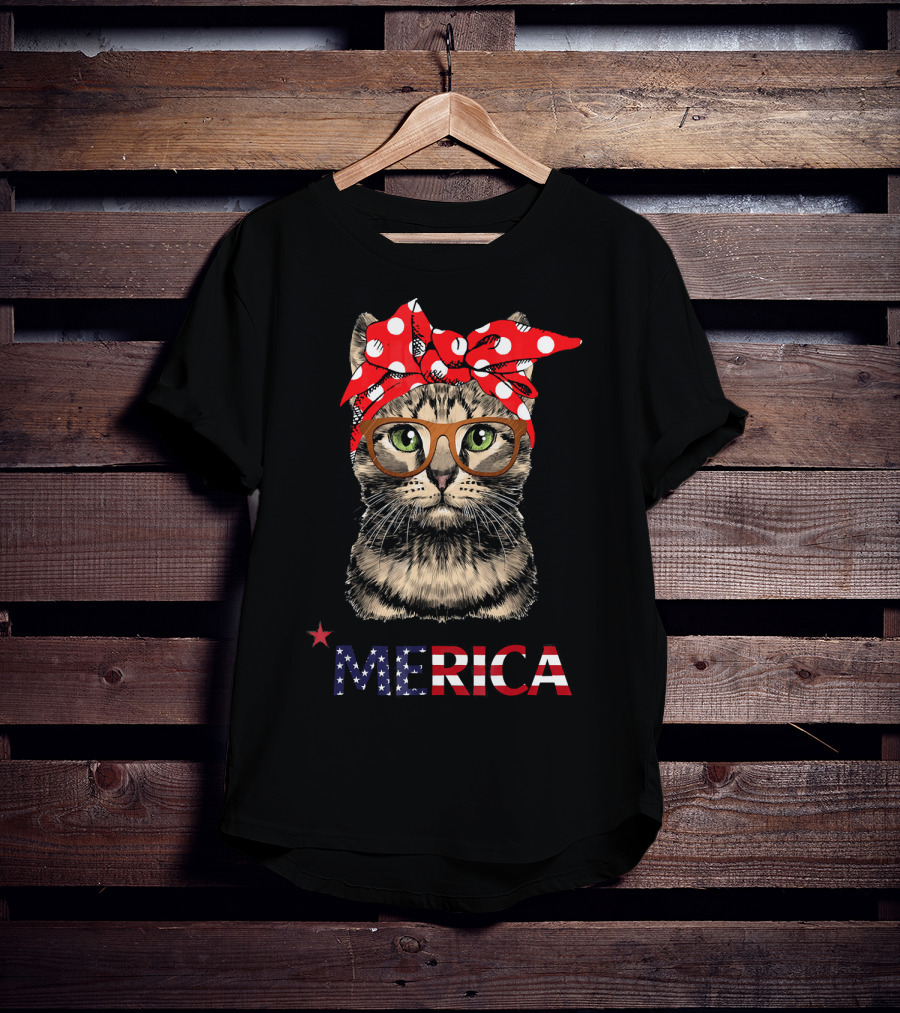 Merica Cat Red Bandana USA Flag Glasses T-Shirt