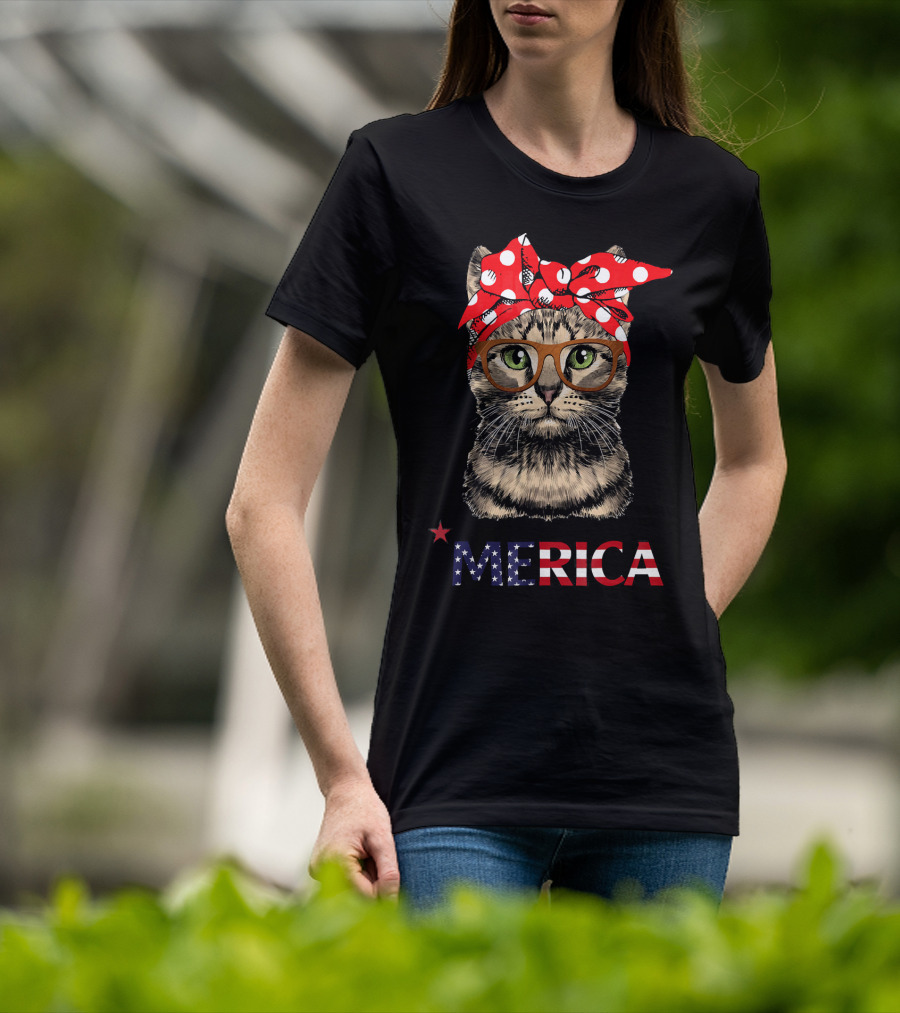 Merica Cat Red Bandana USA Flag Glasses T-Shirt
